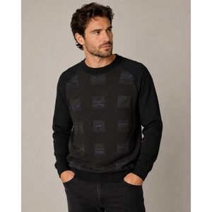 Torras Wool Blend Sweater Leather Trim Geometric Knit Black Mens USA 44 XL